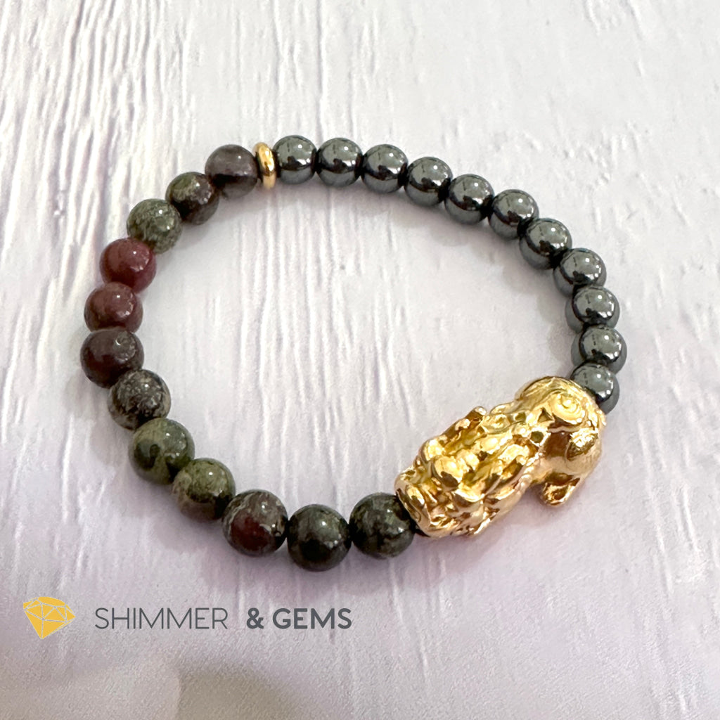 Good Health Pixiu Bracelet (Stainless Steel) Hematite & Bloodstone
