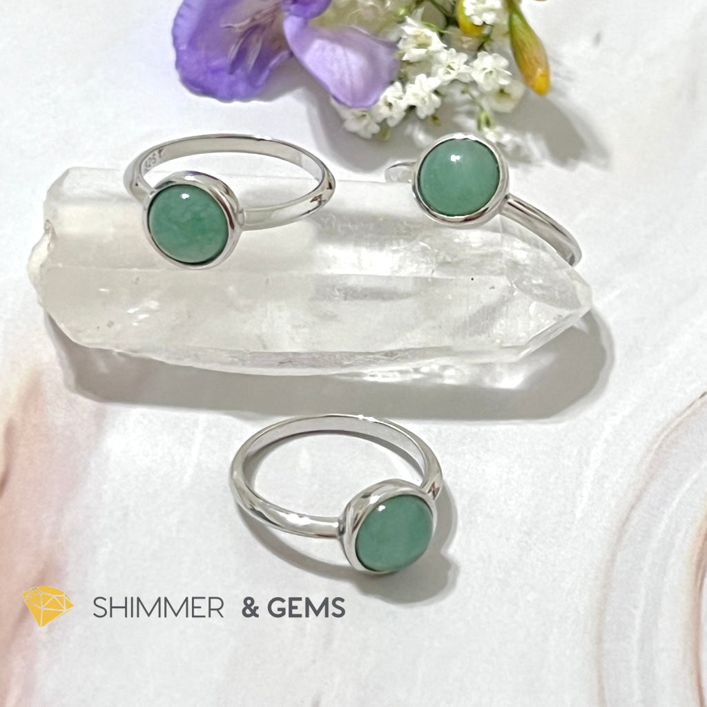 Green Aventurine Round (8Mm) 925 Silver Ring