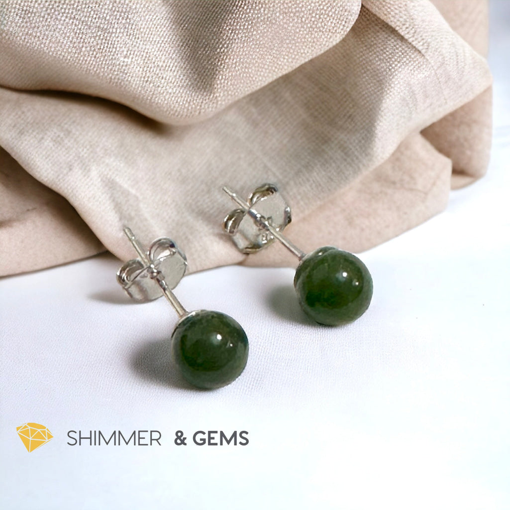 Green Jade Ball Earrings 925 Silver (6mm) Russian Nephrite