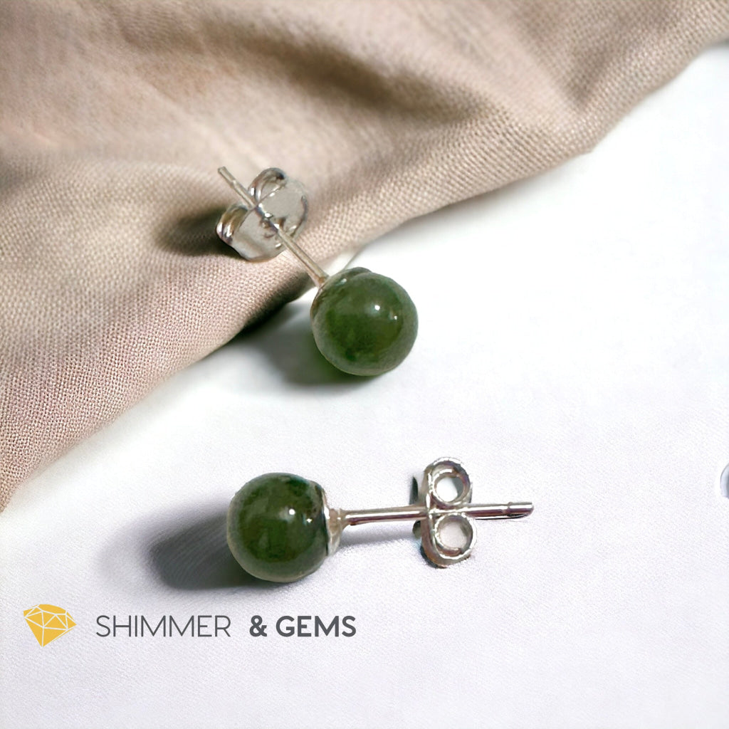 Green Jade Ball Earrings 925 Silver (6mm) Russian Nephrite