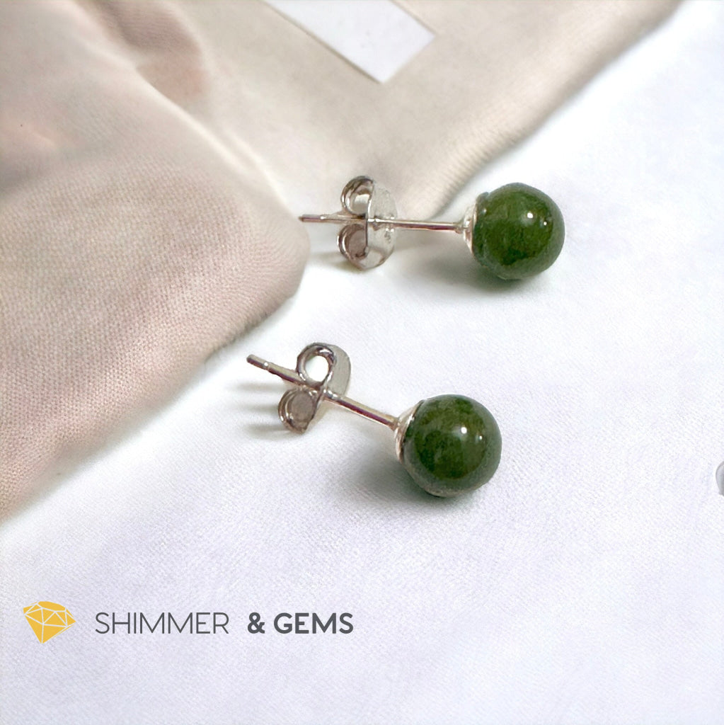 Green Jade Ball Earrings 925 Silver (6mm) Russian Nephrite