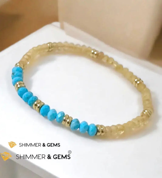 Honey Jade & Turquoise 3x4 Rondelle Bracelet with Stainless Steel Beads (Rare) - 5.5” - Bracelets