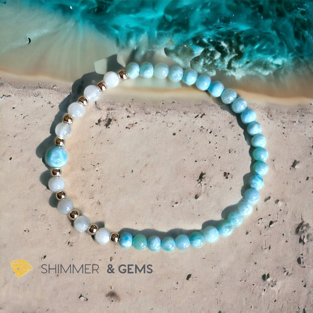Larimar & Moonstone Dainty 4mm Bracelet with 14k gold filled (AAA Grade)