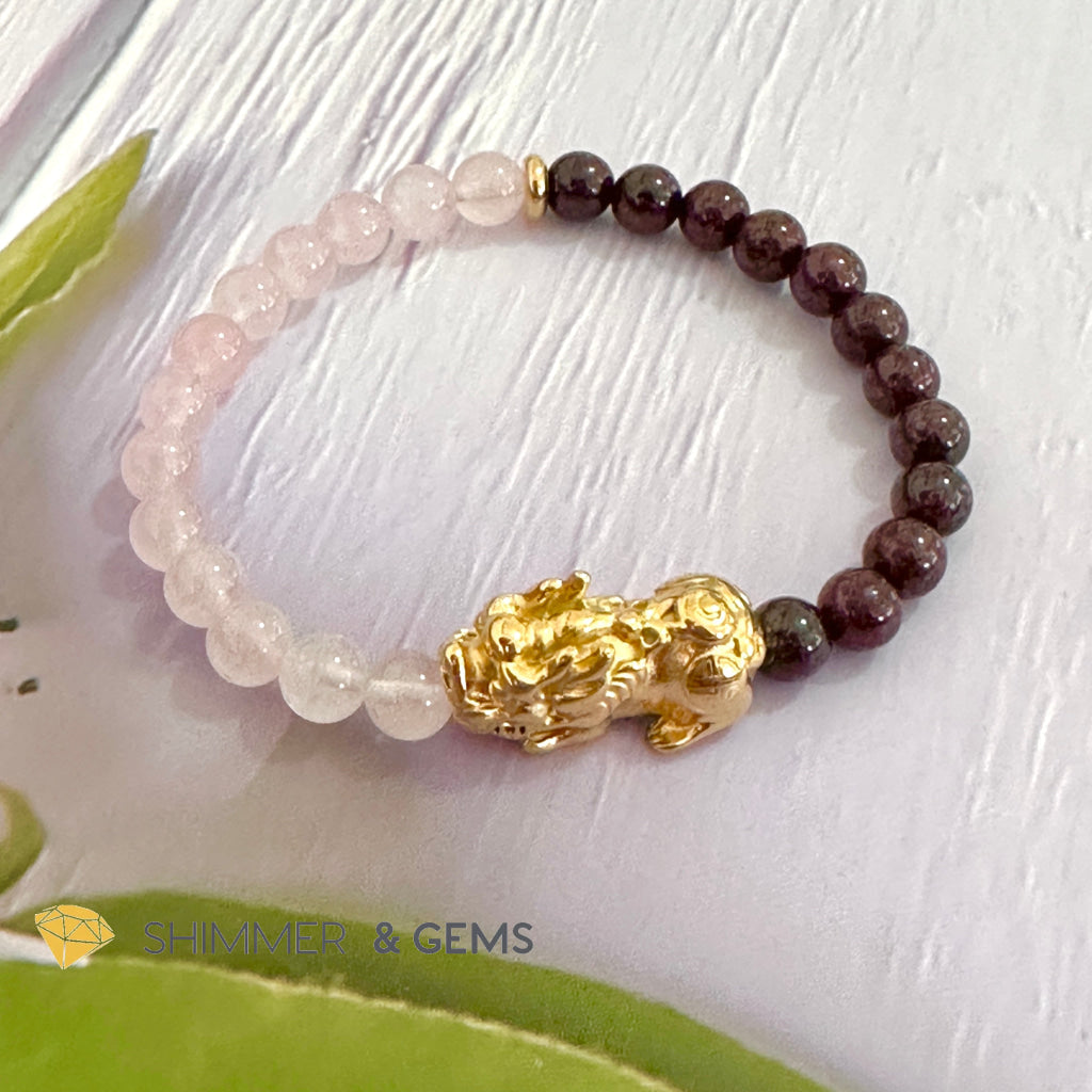 Luck in Love Pixiu Bracelet (Rose Quartz and Garnet 6mm)Stainless Steel Pixiu
