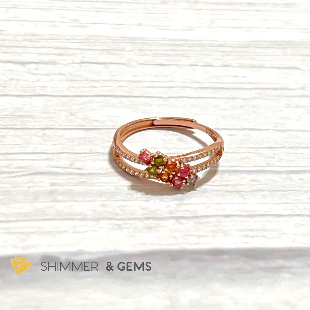 Mixed Tourmaline (Watermelon Tourmaline) Double Line Rose Gold 925 Silver Ring