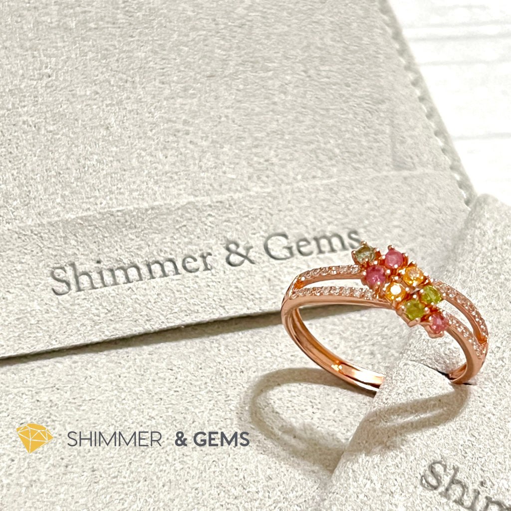 Mixed Tourmaline (Watermelon Tourmaline) Double Line Rose Gold 925 Silver Ring