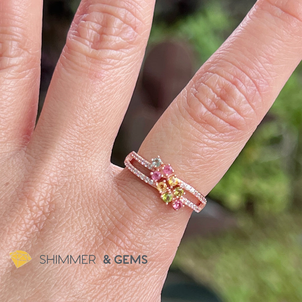 Mixed Tourmaline (Watermelon Tourmaline) Double Line Rose Gold 925 Silver Ring
