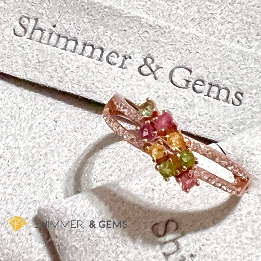 Mixed Tourmaline (Watermelon Tourmaline) Double Line Rose Gold 925 Silver Ring