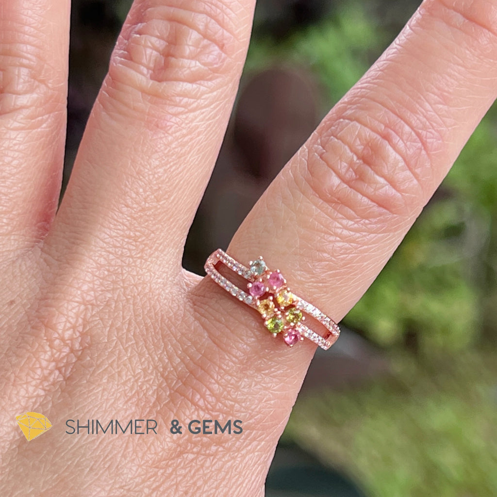 Mixed Tourmaline (Watermelon Tourmaline) Double Line Rose Gold 925 Silver Ring
