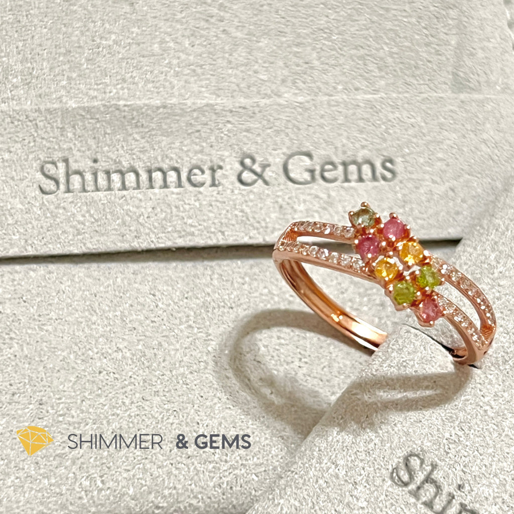 Mixed Tourmaline (Watermelon Tourmaline) Double Line Rose Gold 925 Silver Ring Adjustable Size