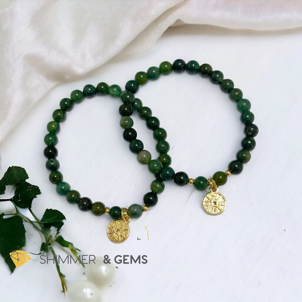 Money Grows Bracelet (Moss Agate 6mm with Lucky Coin Copper Charm)