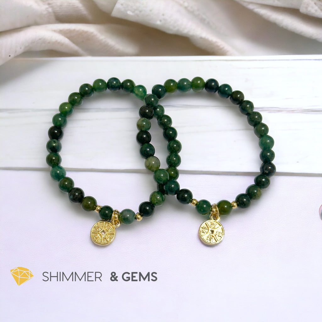 Money Grows Bracelet (Moss Agate 6mm with Lucky Coin Copper Charm)