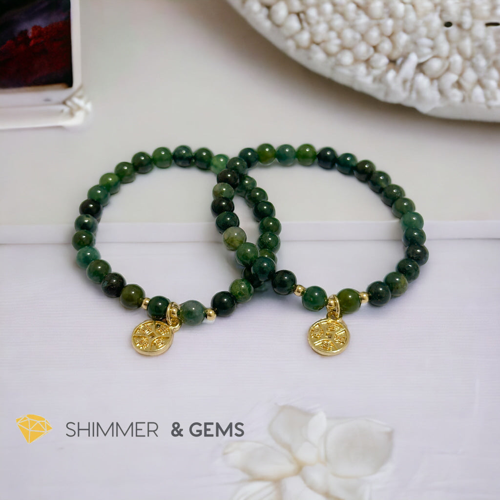 Money Grows Bracelet (Moss Agate 6mm with Lucky Coin Copper Charm)