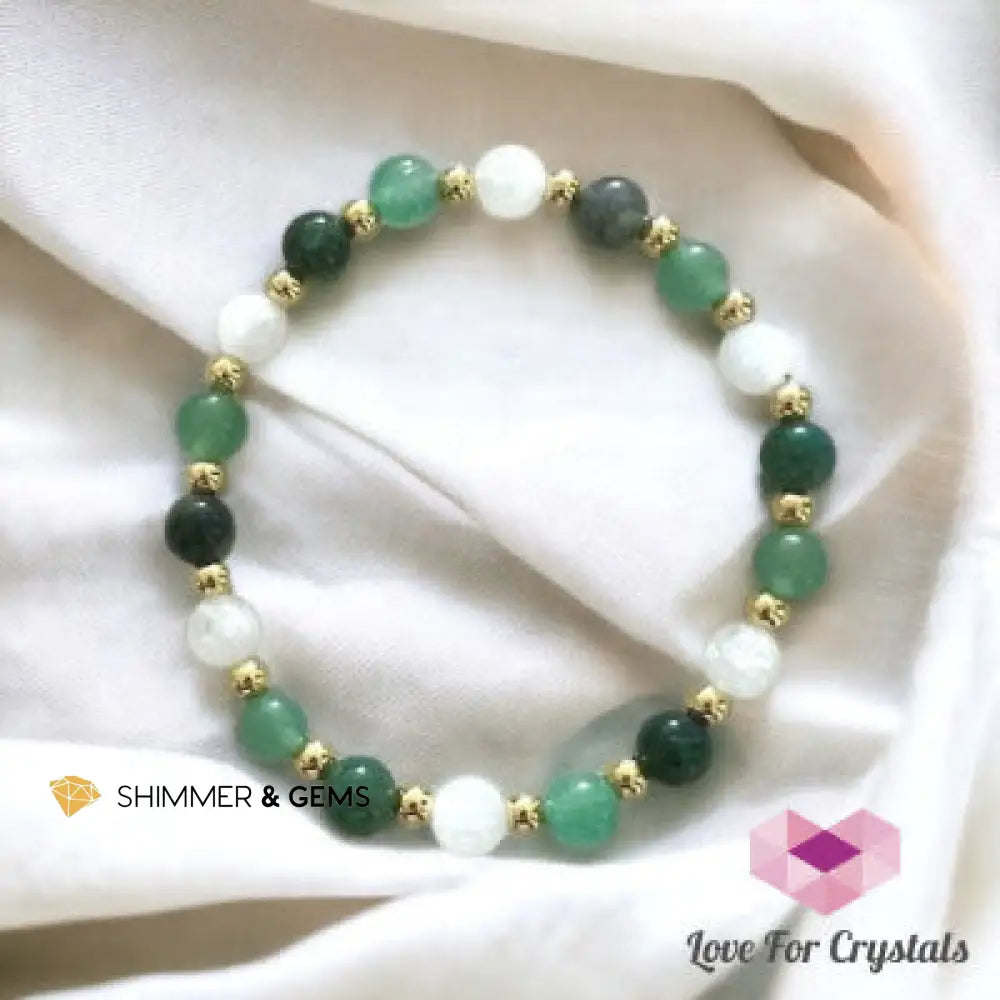 Moss Agate Green Aventurine & Moonstone with Stainless Steel Beads 6.5” Bracelets