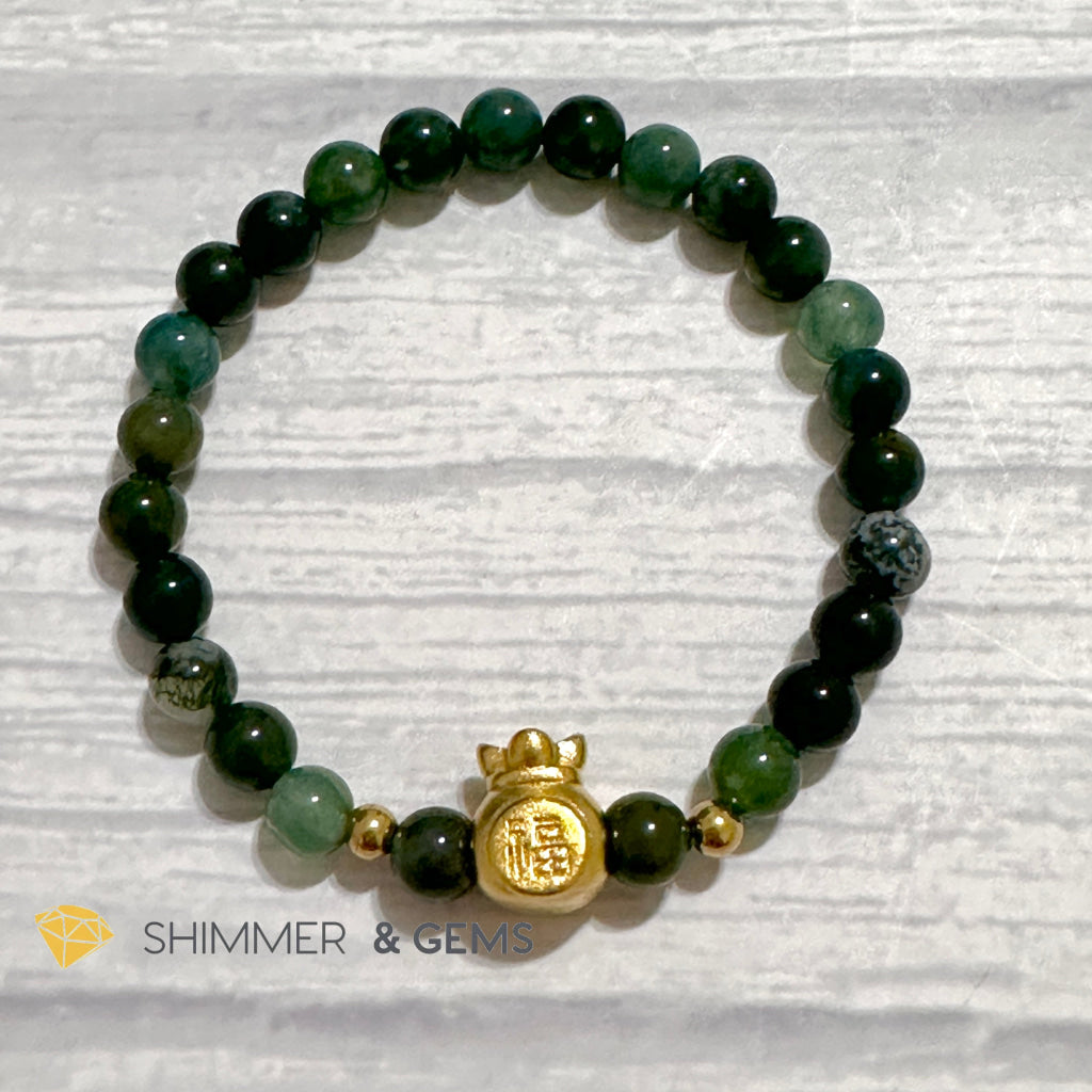 Moss Agate Money Bag Bracelet (6mm) 24K Gold Filled Brass