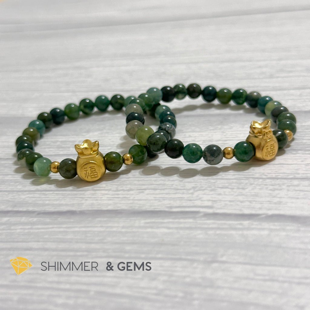 Moss Agate Money Bag Bracelet (6mm) 24K Gold Filled Brass