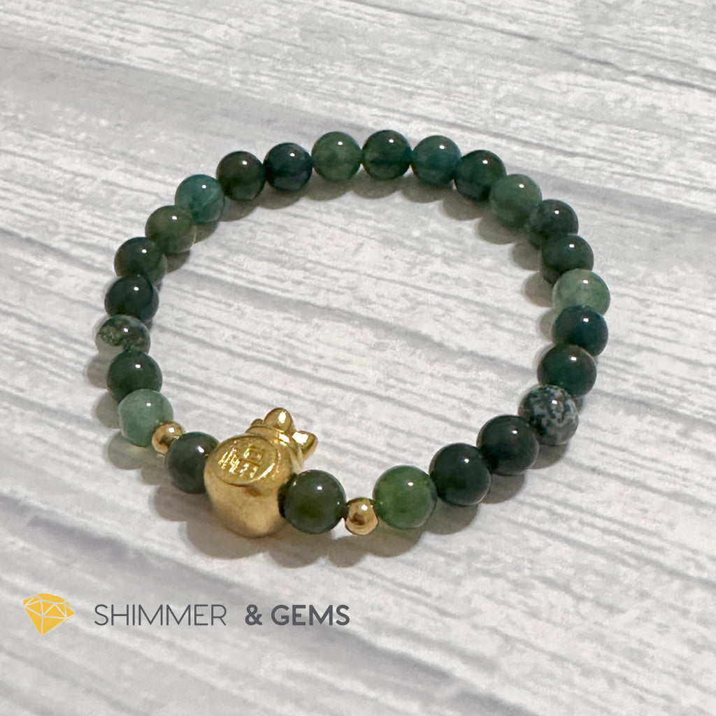 Moss Agate Money Bag Bracelet (6mm) 24K Gold Filled Brass