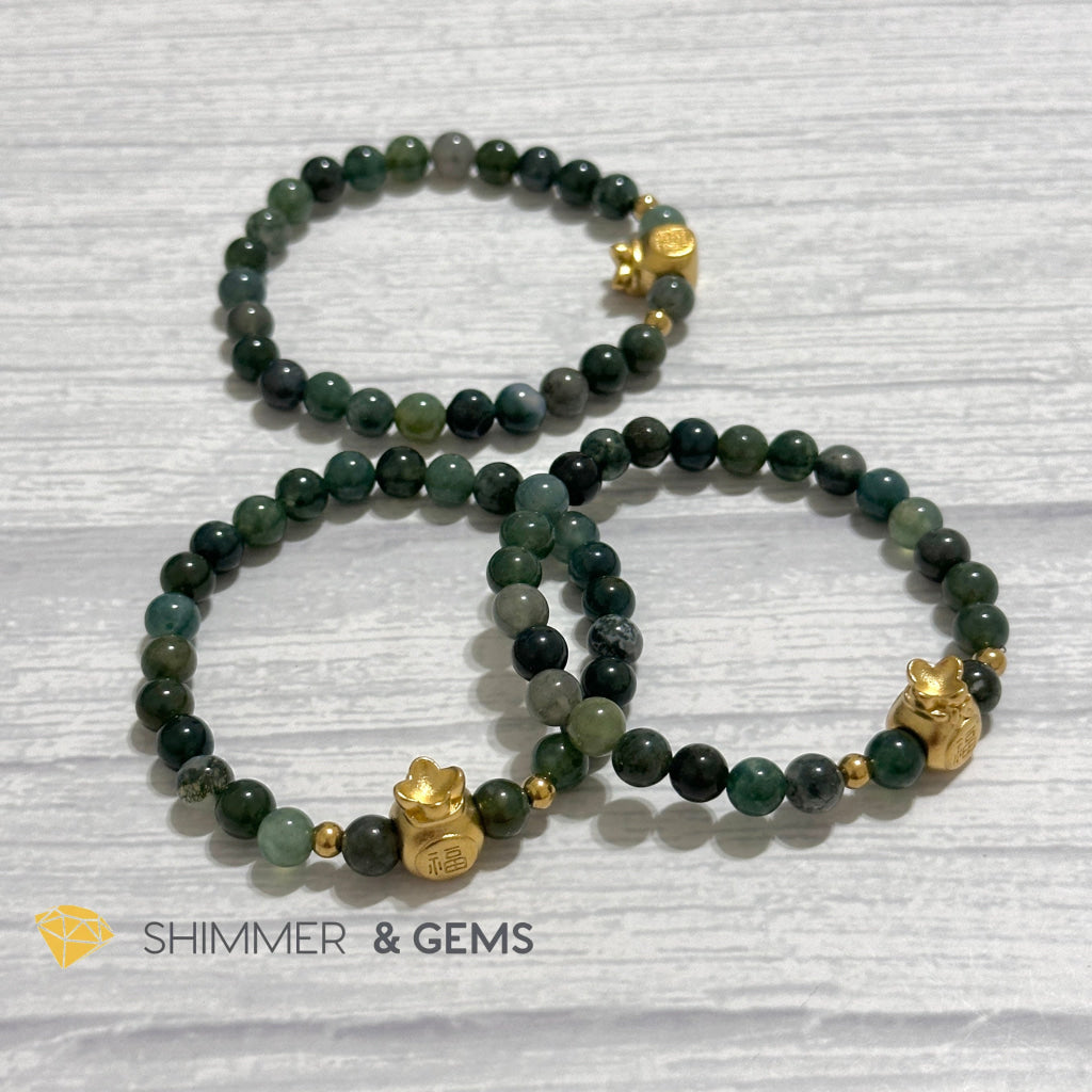 Moss Agate Money Bag Bracelet (6mm) 24K Gold Filled Brass