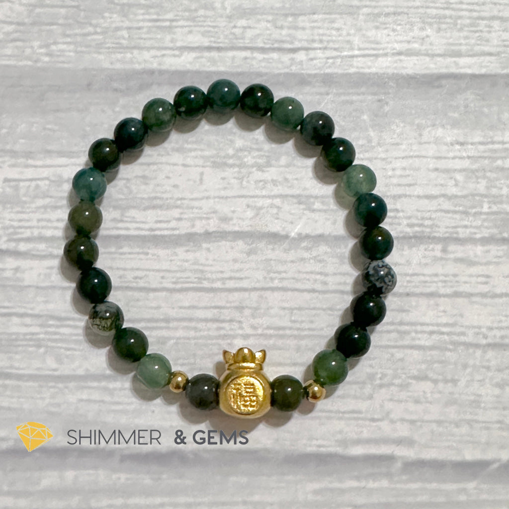 Moss Agate Money Bag Bracelet (6mm) 24K Gold Filled Brass