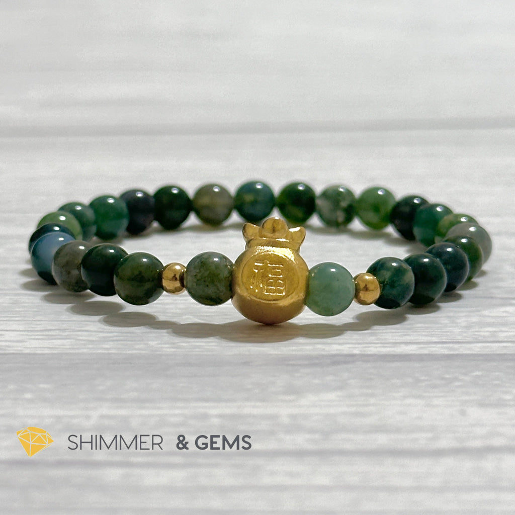 Moss Agate Money Bag Bracelet (6mm) 24K Gold Filled Brass