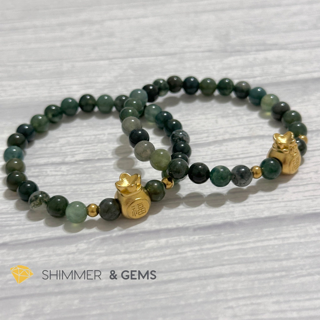 Moss Agate Money Bag Bracelet (6mm) 24K Gold Filled Brass