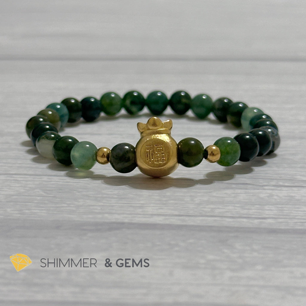 Moss Agate Money Bag Bracelet (6mm) 24K Gold Filled Brass