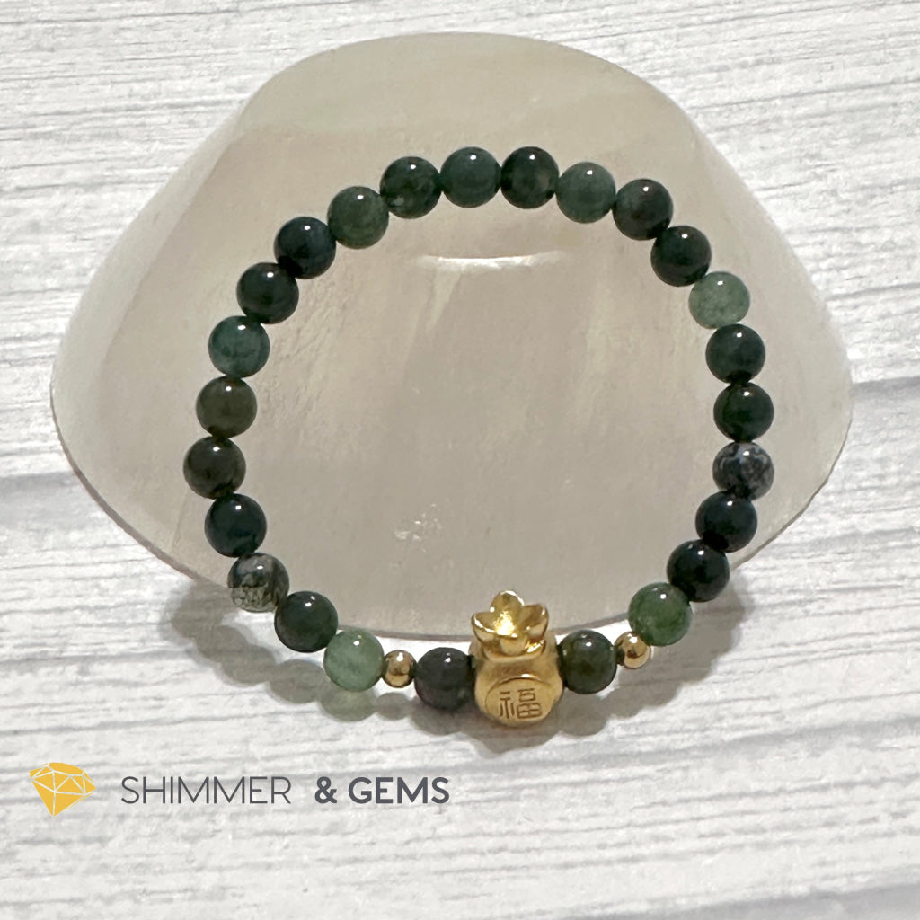 Moss Agate Money Bag Bracelet (6mm) 24K Gold Filled Brass
