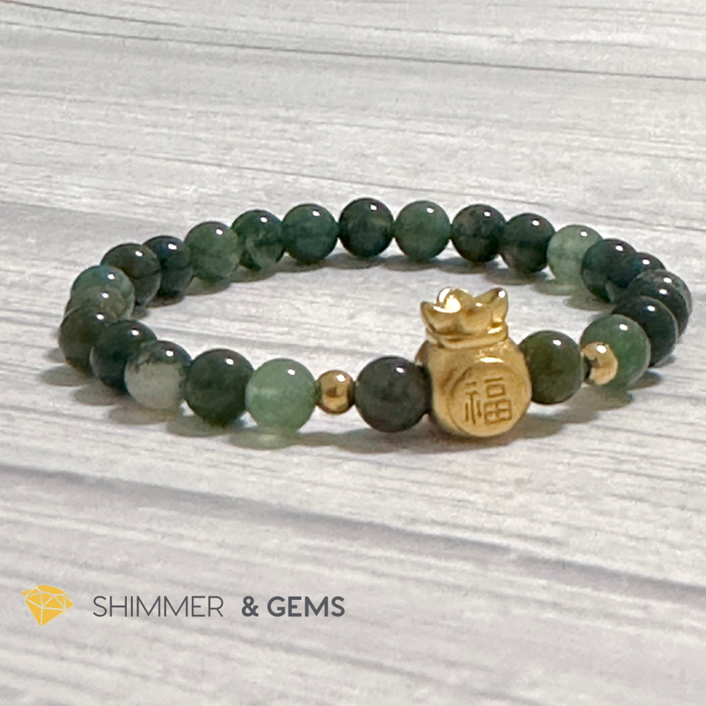Moss Agate Money Bag Bracelet (6mm) 24K Gold Filled Brass
