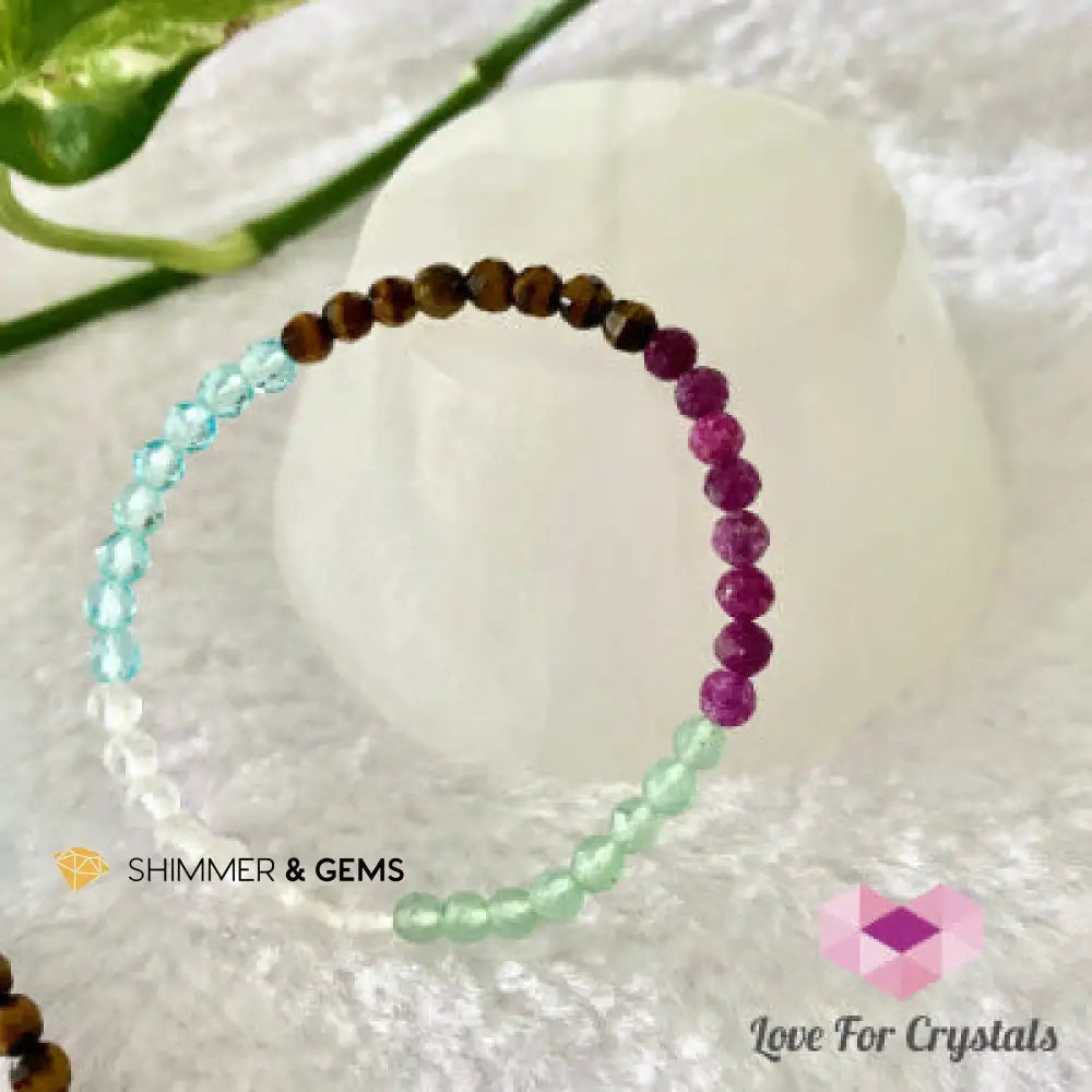 New Beginnings Remedy Bracelet 4mm Ruby Aqua Obsidian Aventurine Clear Quartz and Tigers Eye (Shimmer & Gems) 6.0”