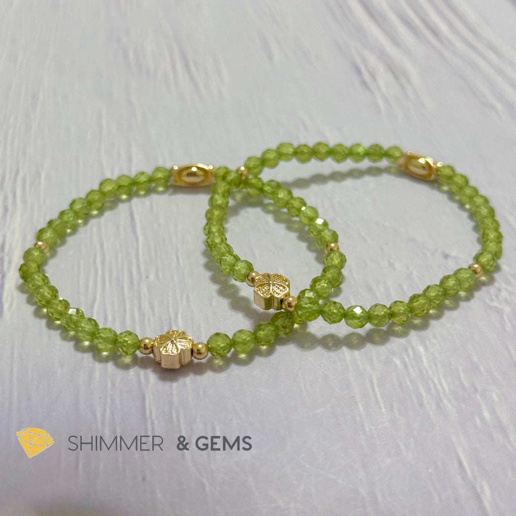 Peridot 4mm Faceted Bracelet (Money Magnet) with 14k Gold Plated Ingot & Clover Charms