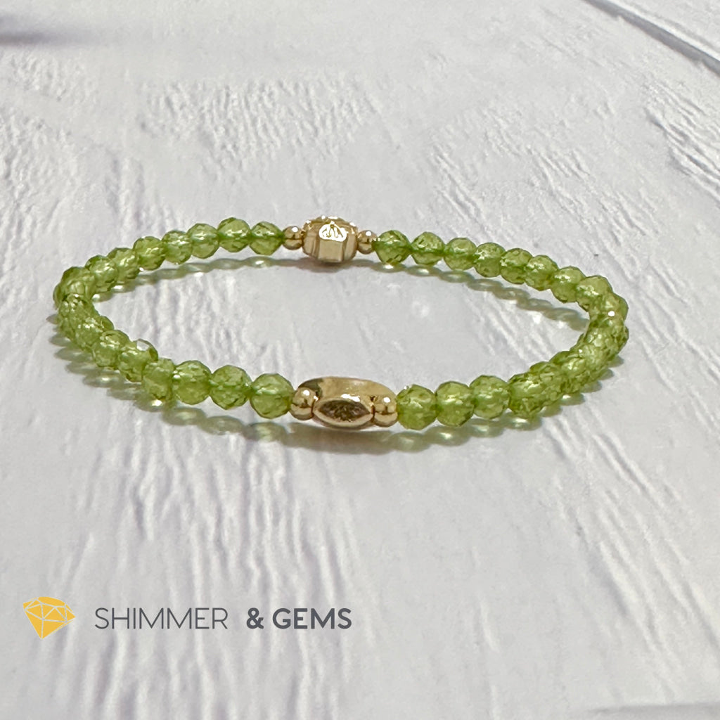 Peridot 4mm Faceted Bracelet (Money Magnet) with 14k Gold Plated Ingot & Clover Charms