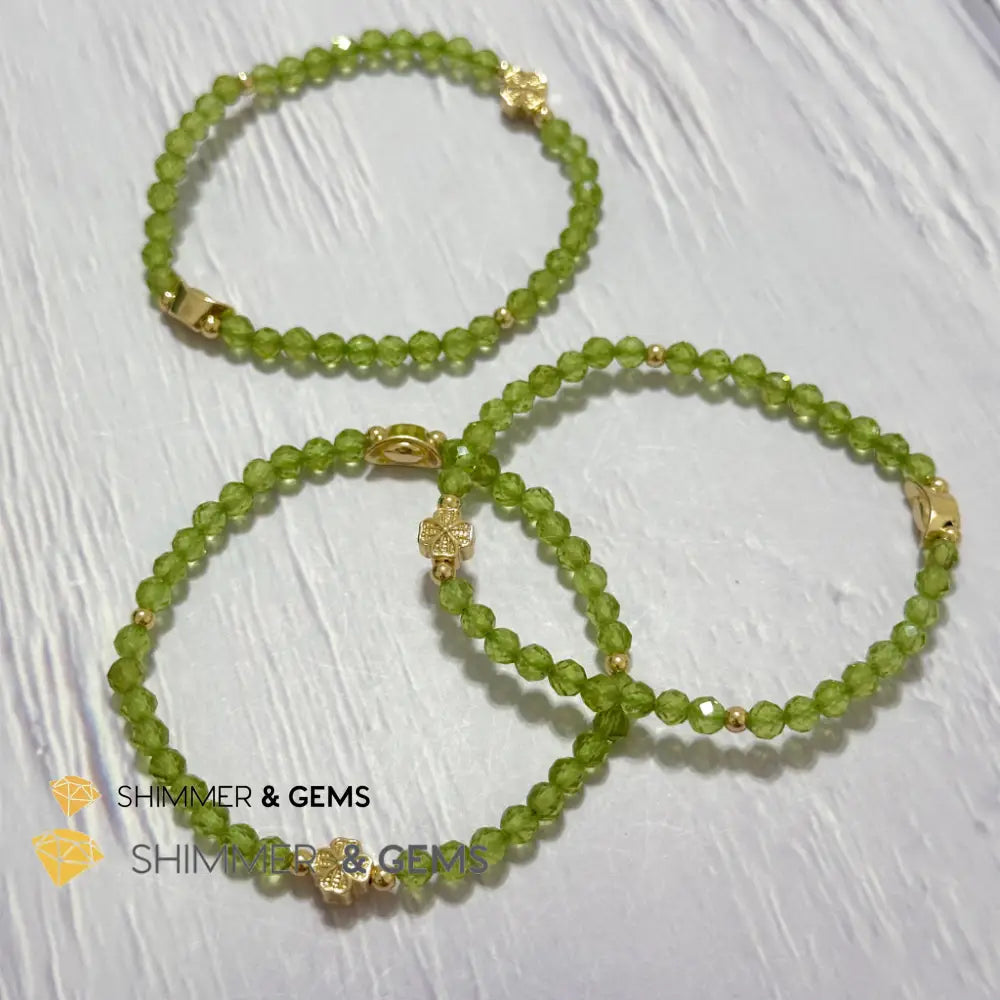 Peridot 4mm Faceted Bracelet (Money Magnet) with 14k Gold Plated Ingot & Clover Charms
