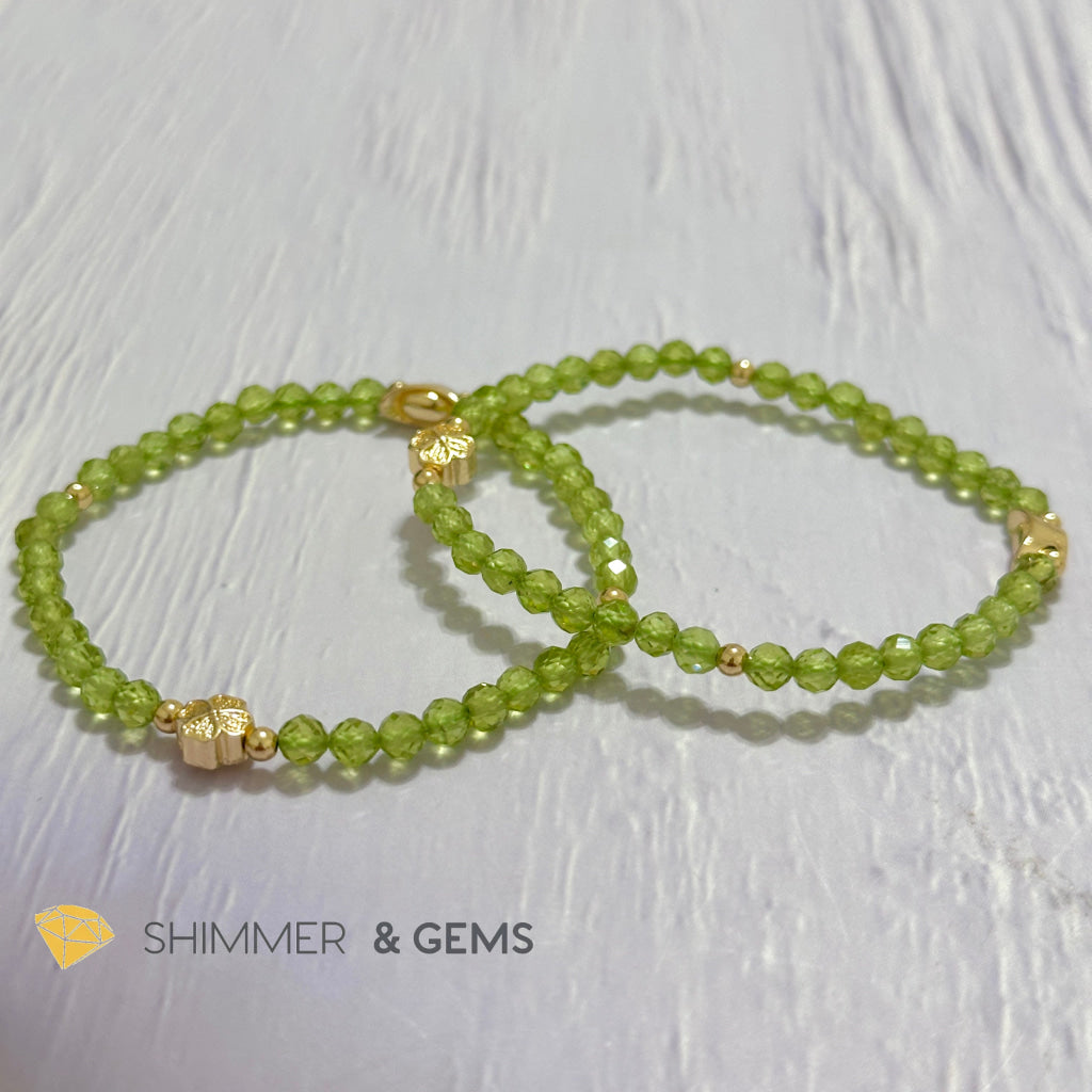 Peridot 4mm Faceted Bracelet (Money Magnet) with 14k Gold Plated Ingot & Clover Charms