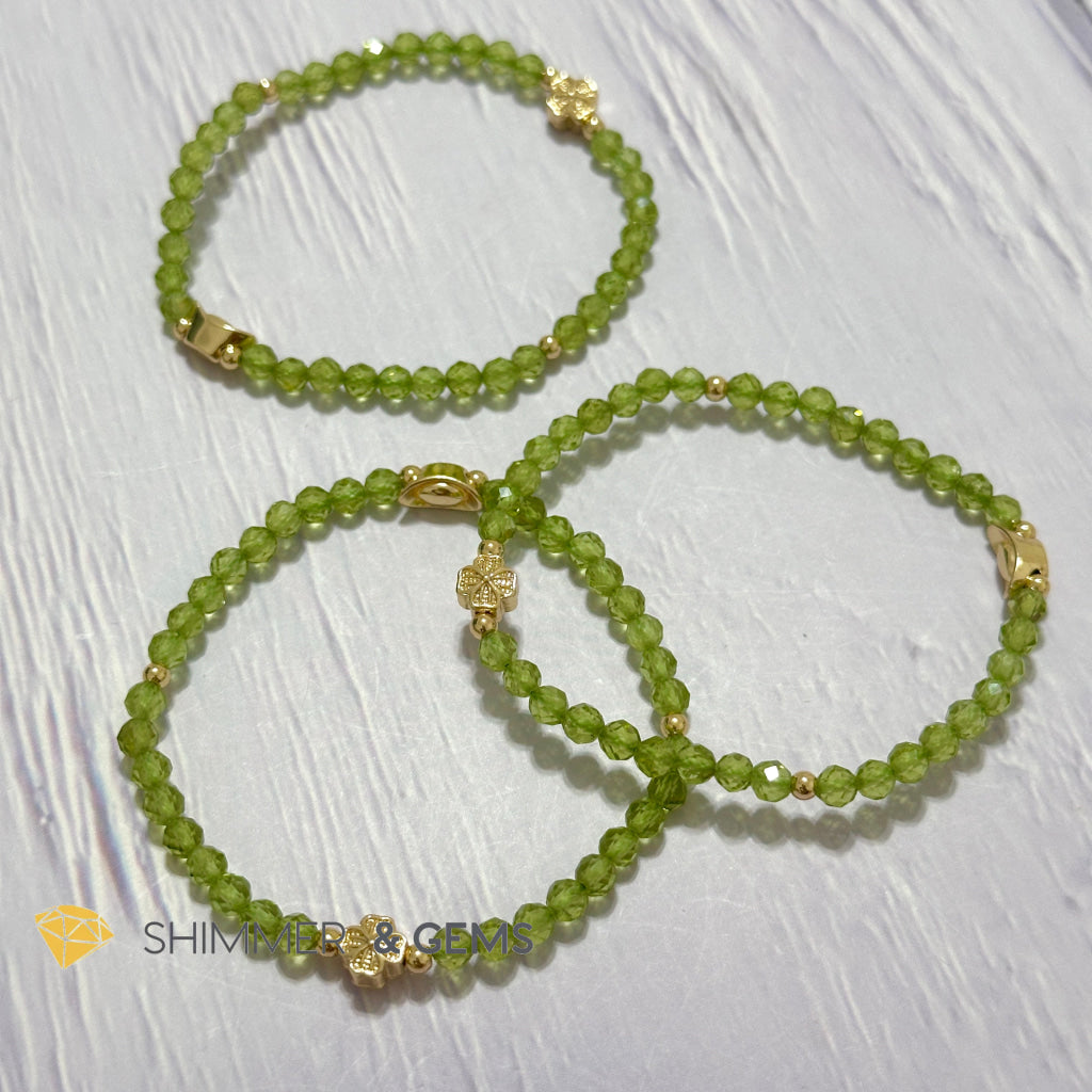 Peridot 4mm Faceted Bracelet (Money Magnet) with 14k Gold Plated Ingot & Clover Charms