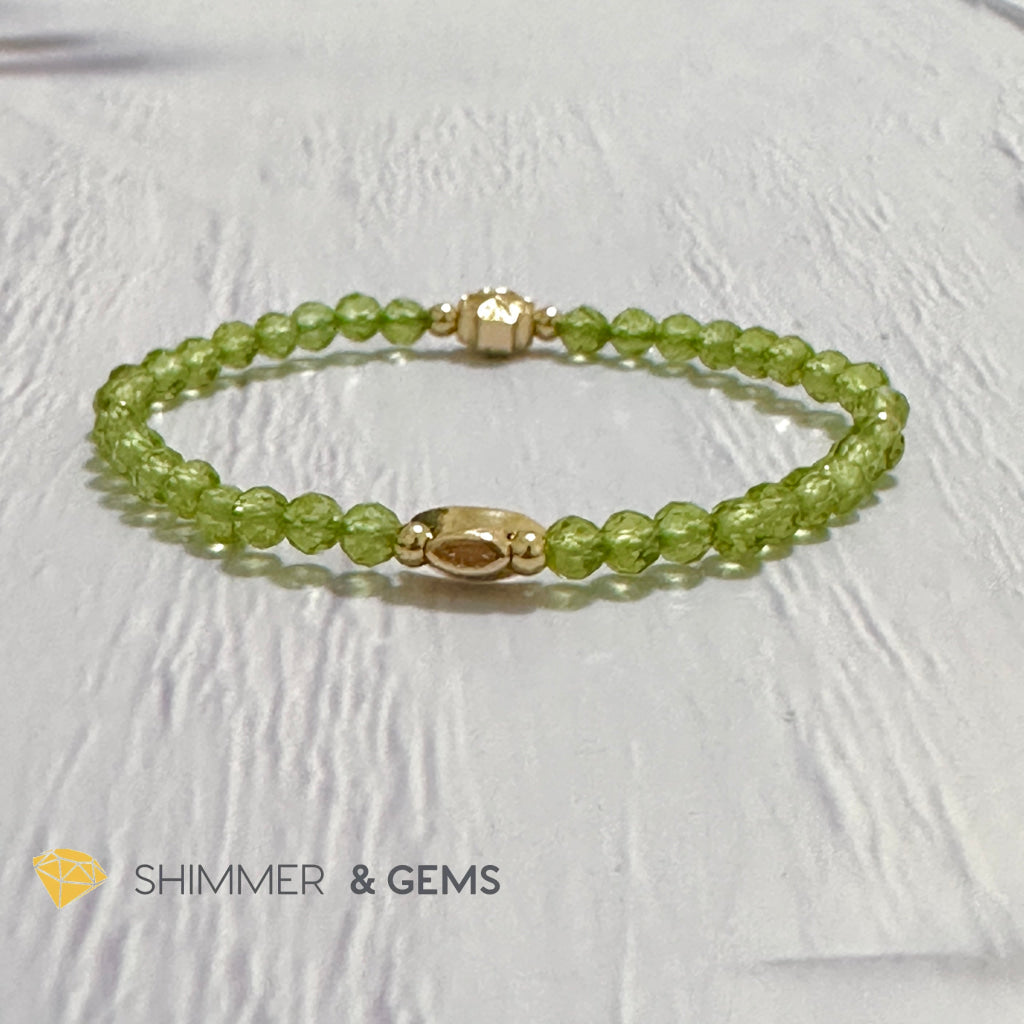 Peridot 4mm Faceted Bracelet (Money Magnet) with 14k Gold Plated Ingot & Clover Charms
