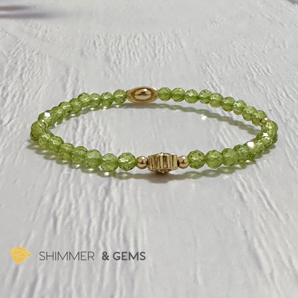 Peridot 4mm Faceted Bracelet (Money Magnet) with 14k Gold Plated Ingot & Clover Charms
