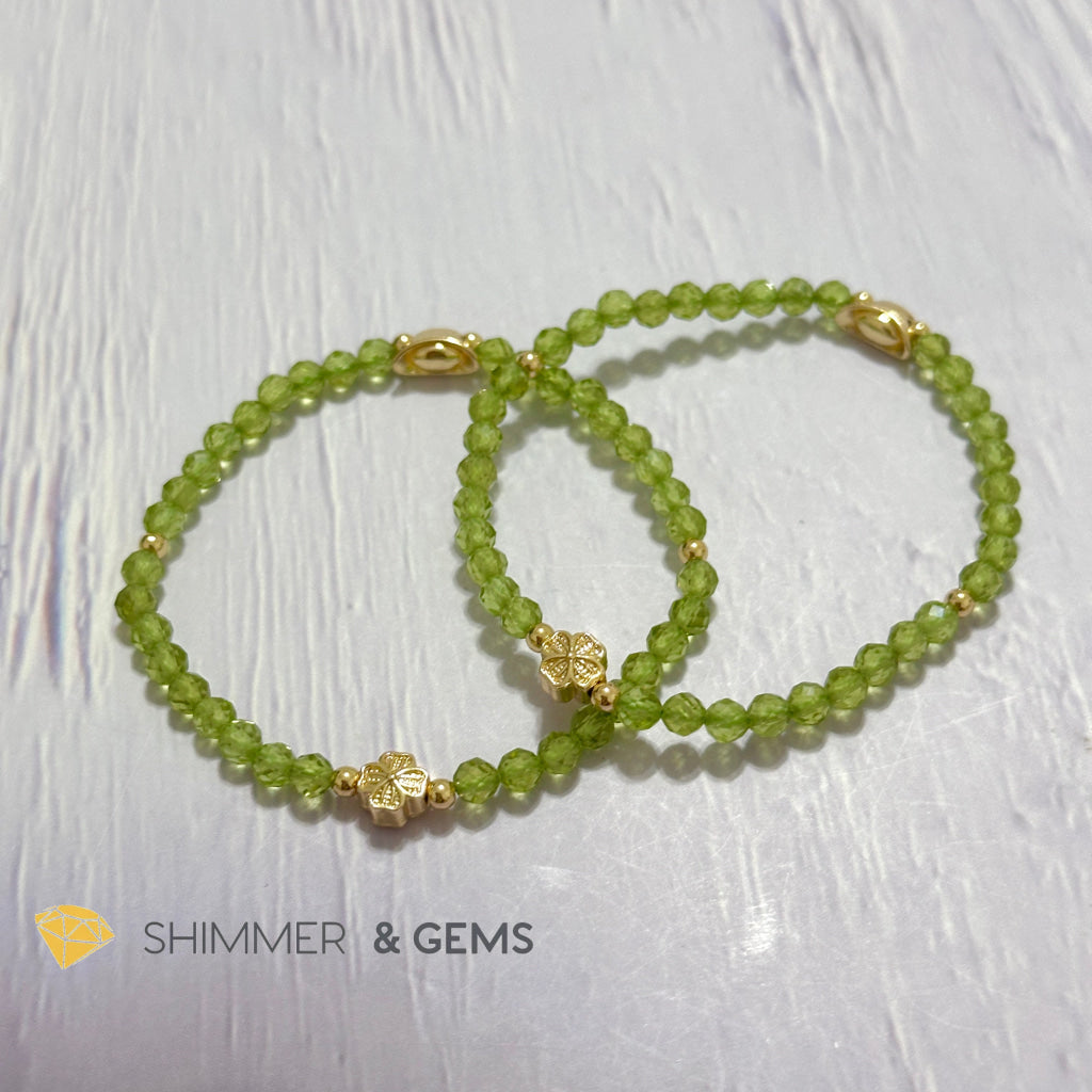 Peridot 4mm Faceted Bracelet (Money Magnet) with 14k Gold Plated Ingot & Clover Charms