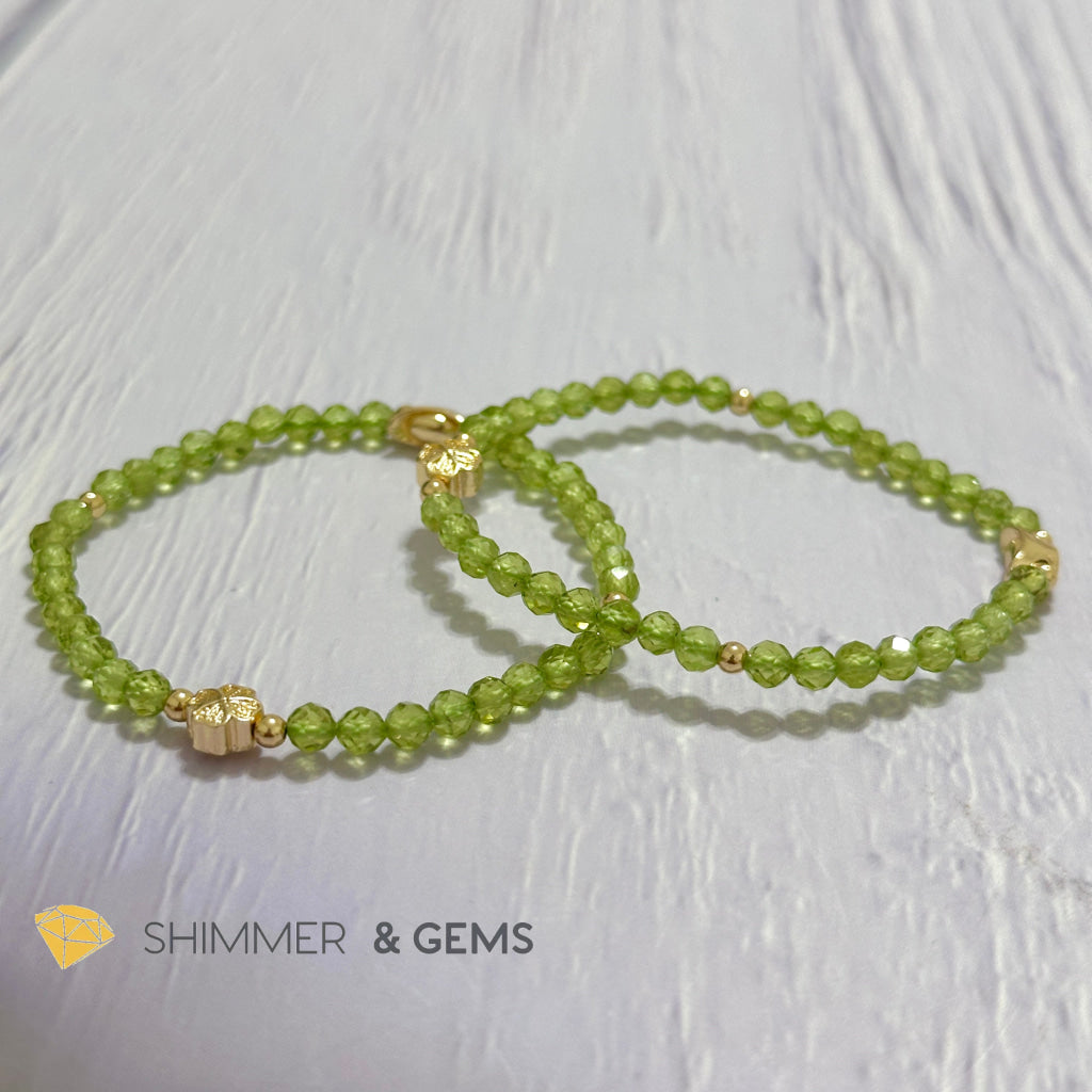 Peridot 4mm Faceted Bracelet (Money Magnet) with 14k Gold Plated Ingot & Clover Charms