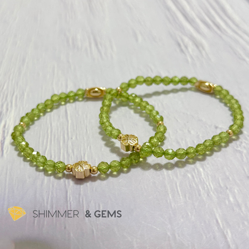 Peridot 4mm Faceted Bracelet (Money Magnet) with 14k Gold Plated Ingot & Clover Charms