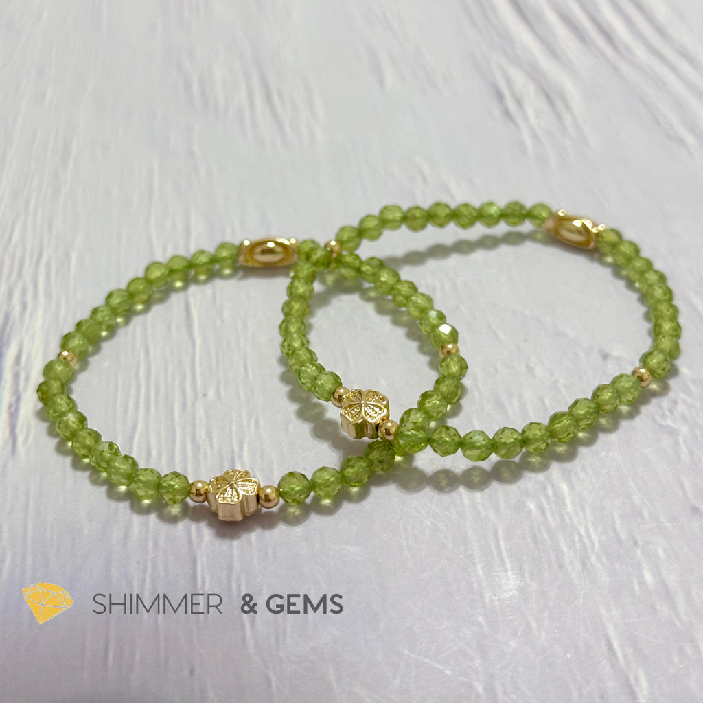 Peridot 4mm Faceted Bracelet (Money Magnet) with 14k Gold Plated Ingot & Clover Charms