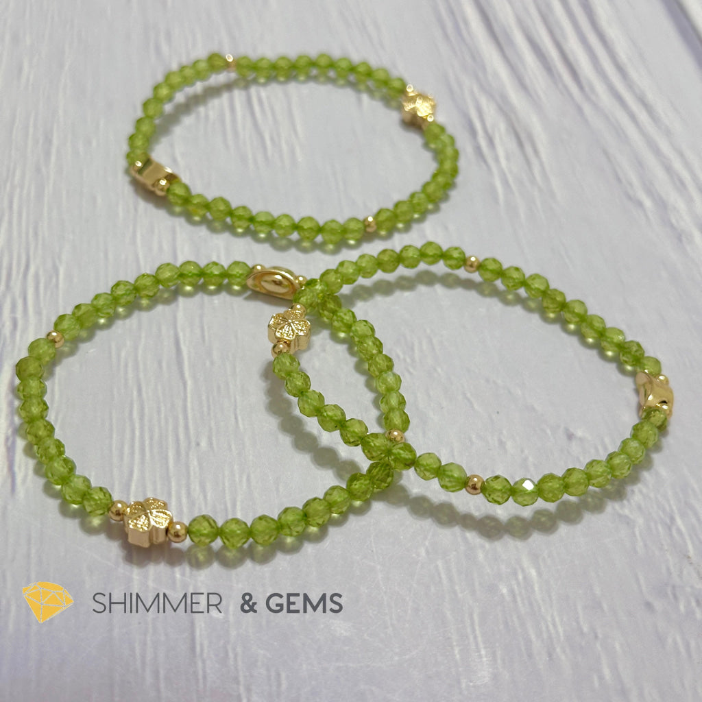 Peridot 4mm Faceted Bracelet (Money Magnet) with 14k Gold Plated Ingot & Clover Charms