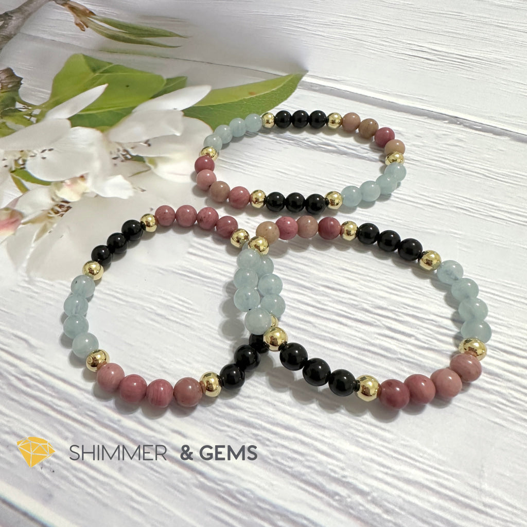 Pet Owner’s Remedy Bracelet (Rhodonite, Obsidian, Aquamarine 6mm with 14k gold filled beads)