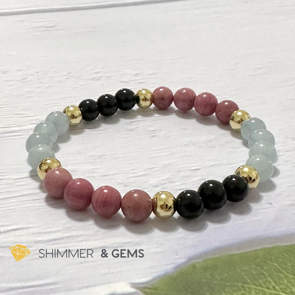 Pet Owner’s Remedy Bracelet (Rhodonite, Obsidian, Aquamarine 6mm with 14k gold filled beads)