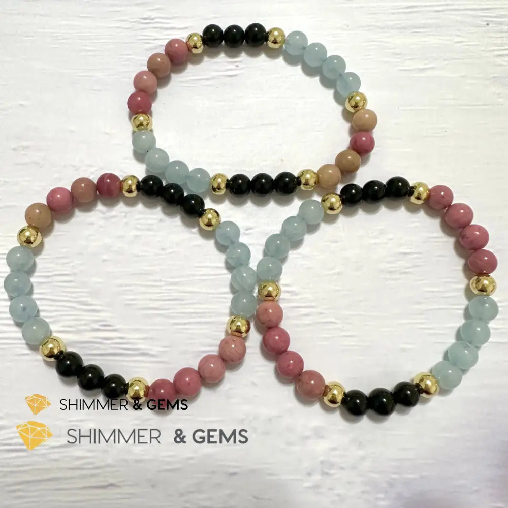 Pet Owner’s Remedy Bracelet (Rhodonite Obsidian Aquamarine 6mm with 14k gold filled beads)