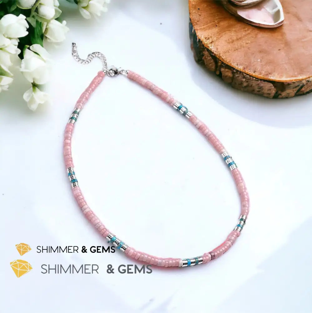 Pink Opal Impression Jasper & Hematite Wheel Beads Necklace with Stainless Steel Beads & Clasp Adjustable Size Necklaces