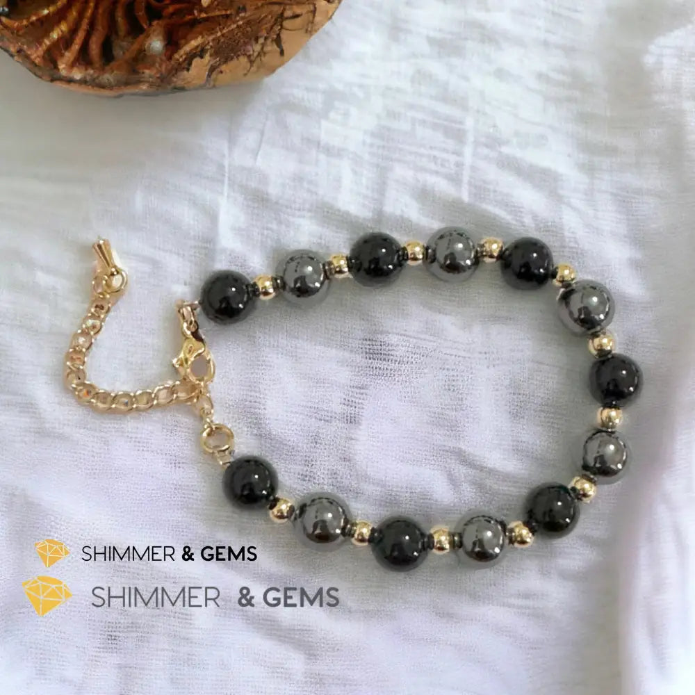 Protection & Grounding 8mm Bracelet (Hematite & Onyx) with stainless steel beads and chain Adjustable Size (5.5”-7”)