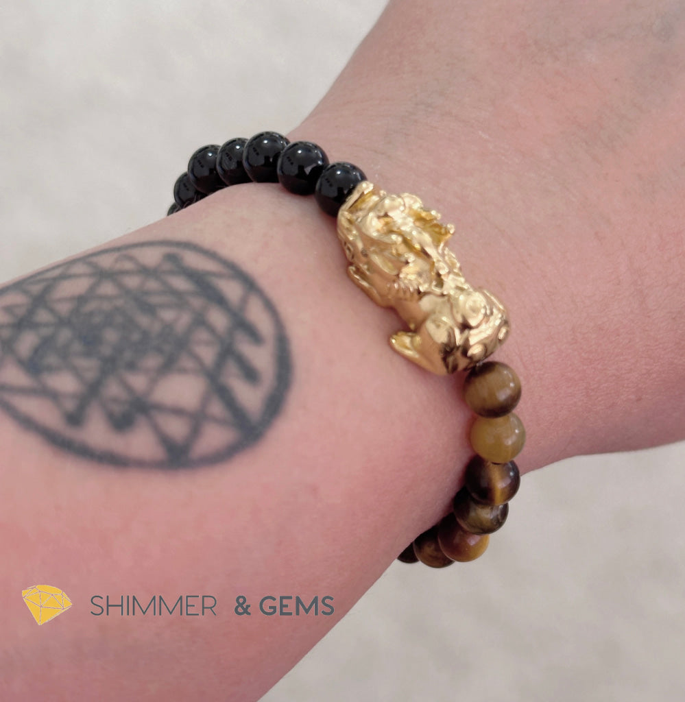 Protection Pixiu Bracelet (Stainless Steel) Black Tourmaline and Tiger’s Eye 6mm