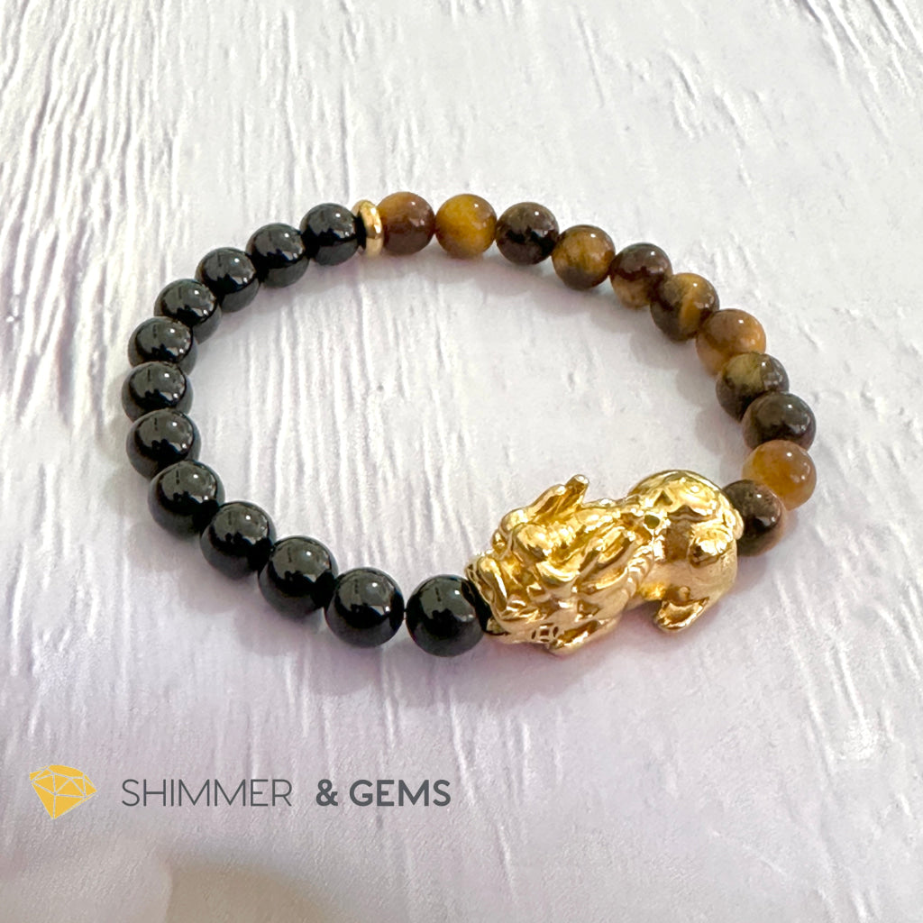 Protection Pixiu Bracelet (Stainless Steel) Black Tourmaline and Tiger’s Eye 6mm