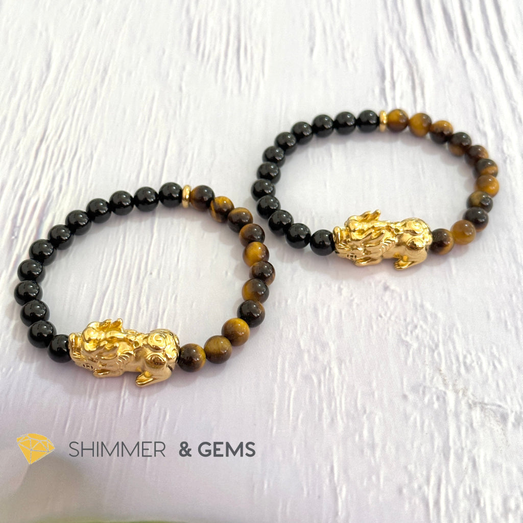 Protection Pixiu Bracelet (Stainless Steel) Black Tourmaline and Tiger’s Eye 6mm