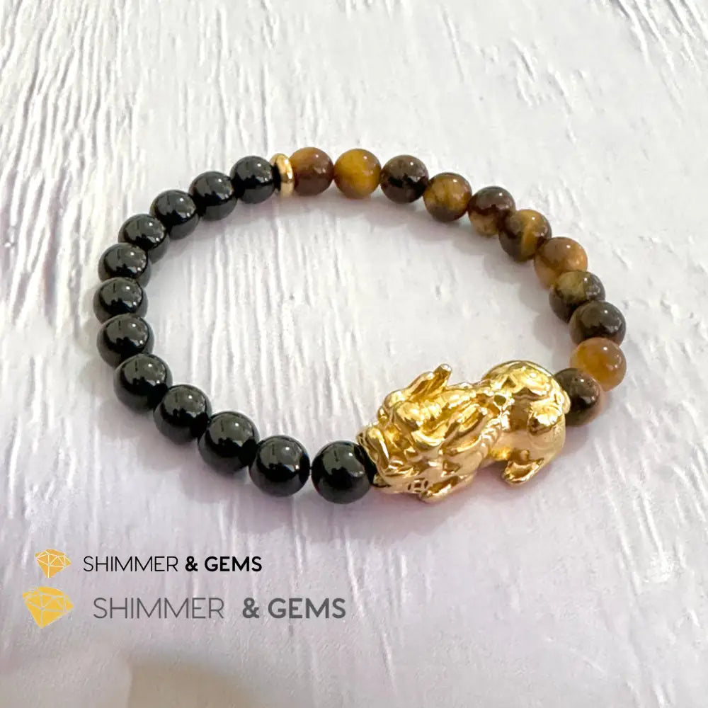 Protection Pixiu Bracelet (Stainless Steel) Black Tourmaline and Tiger’s Eye 6mm